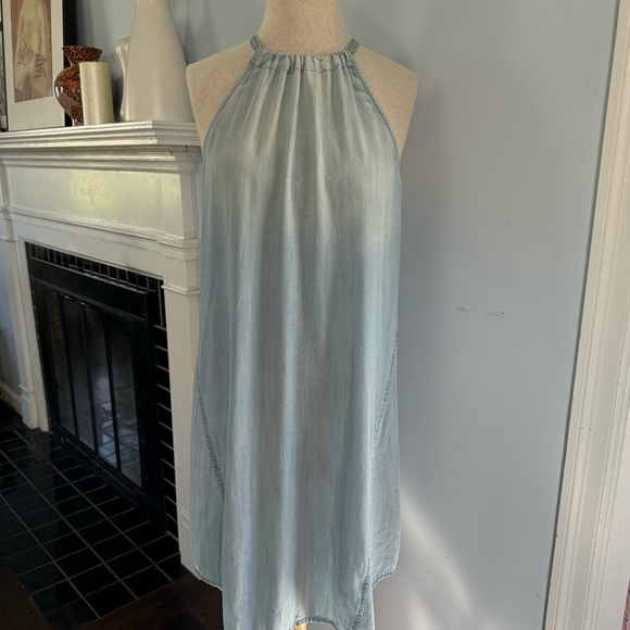 Anthro ombré light blue chambray halter midi dress w/ drawstring neck Sz L - Picture 4 of 10